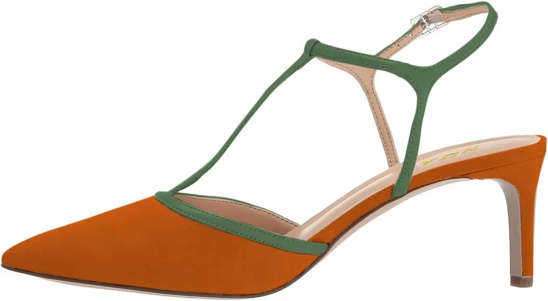 YDN Women T-Strap Pointed Toe Mid Kitten Heel Pumps Slingback Ankle Strap Sandals with Buckle Dress Office Shoes