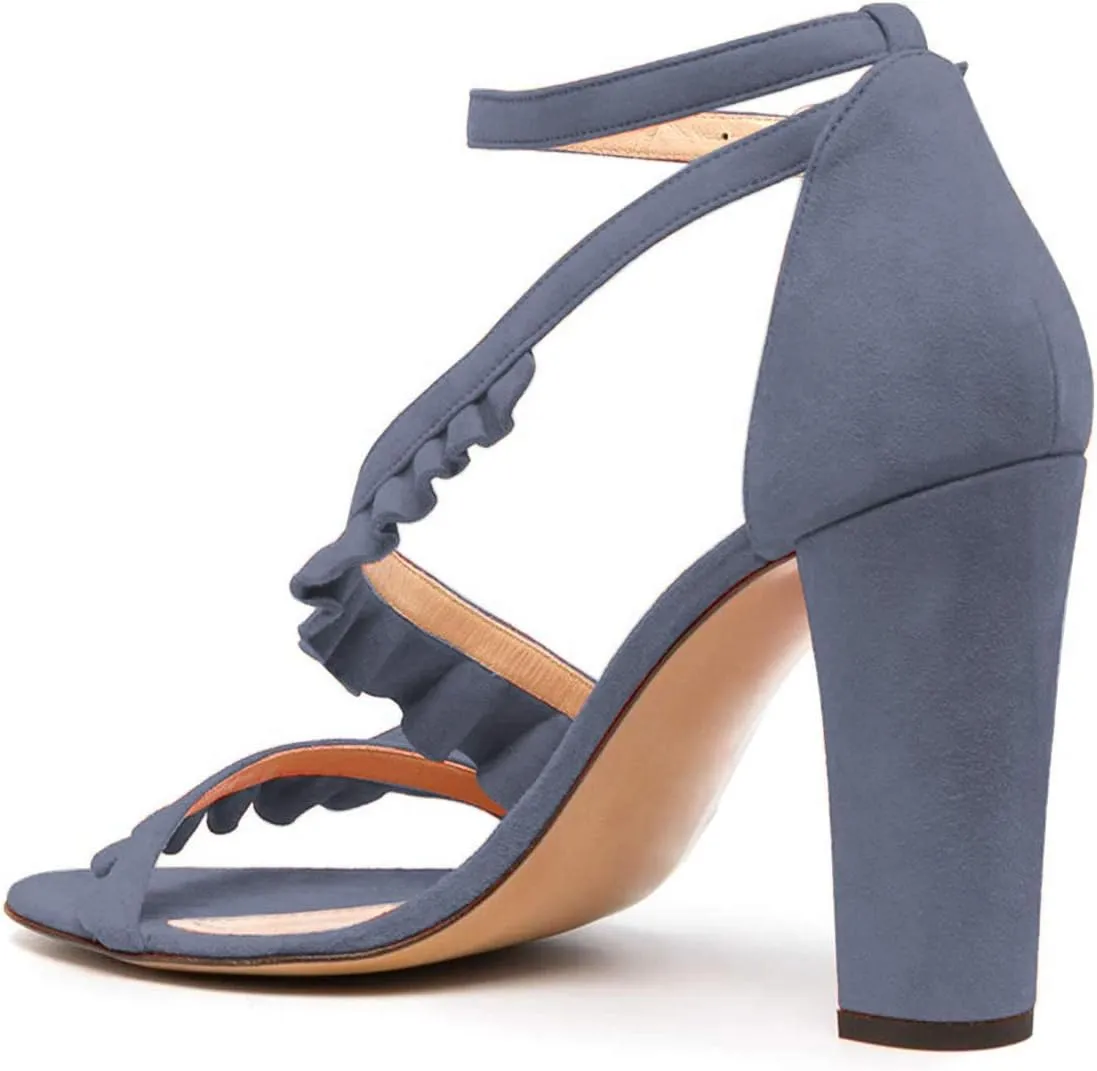 YDN Women's Heeled Sandals Pleated Lace Block Open Toe Ankle strap Chunky High Heels wedding Dress Shoes