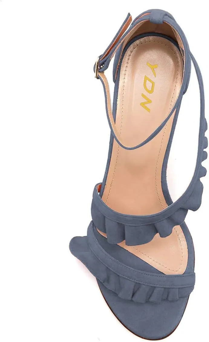 YDN Women's Heeled Sandals Pleated Lace Block Open Toe Ankle strap Chunky High Heels wedding Dress Shoes