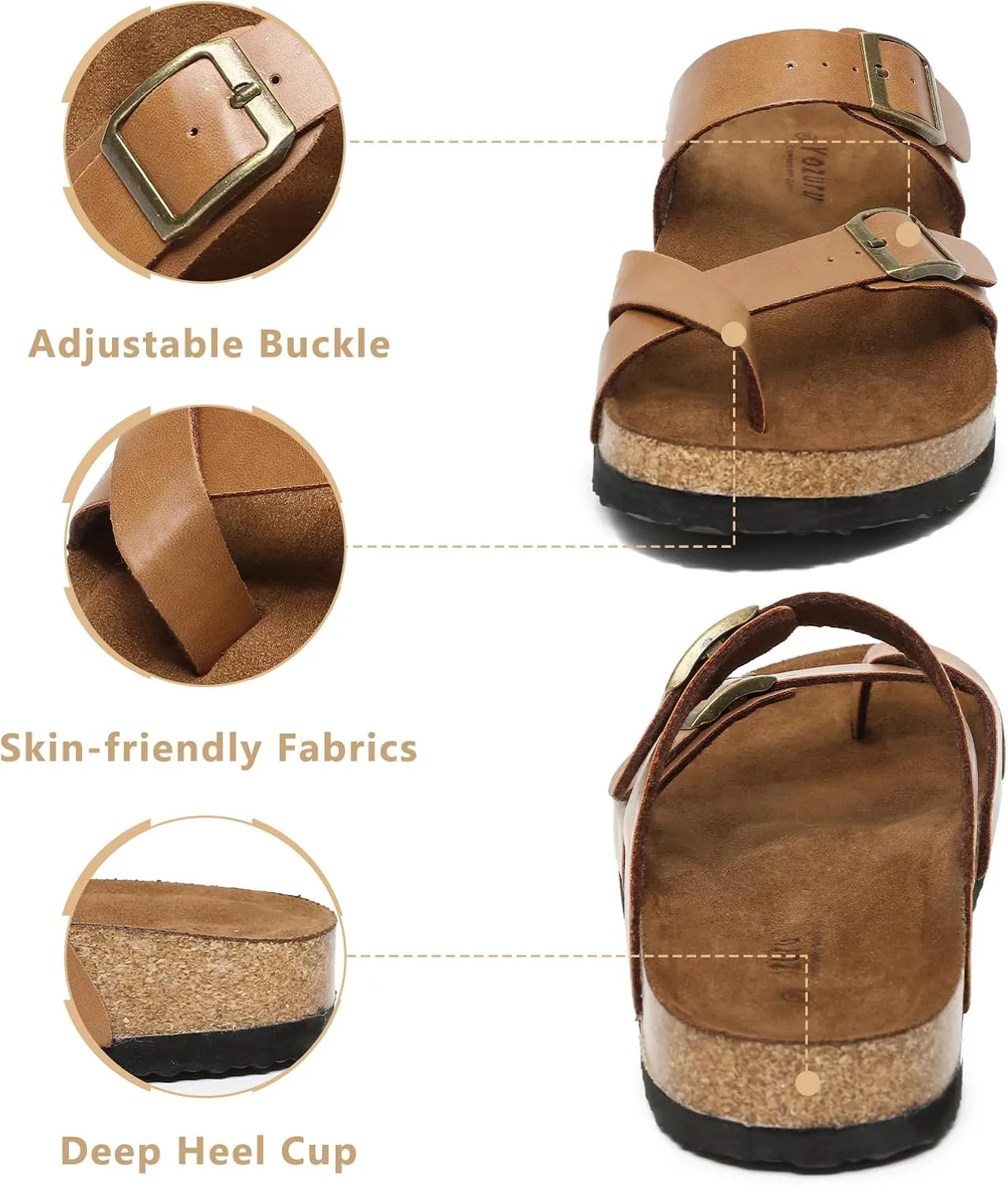 Yozuru Womens Cork Footbed Sandals Comfort Open Toe Slides Adjustable Buckle Beach Summer Flat Sandals with Arch Support