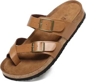 Yozuru Womens Cork Footbed Sandals Comfort Open Toe Slides Adjustable Buckle Beach Summer Flat Sandals with Arch Support