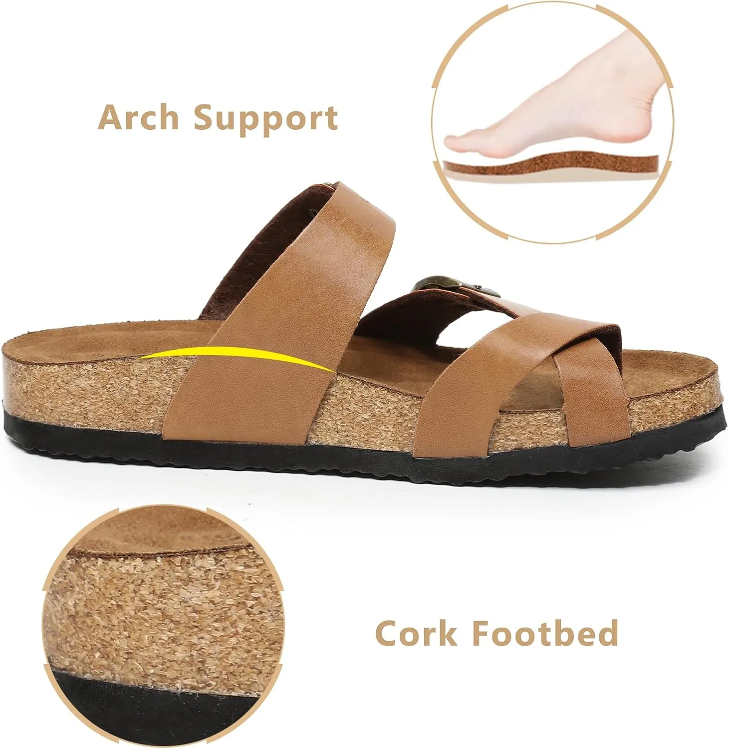Yozuru Womens Cork Footbed Sandals Comfort Open Toe Slides Adjustable Buckle Beach Summer Flat Sandals with Arch Support