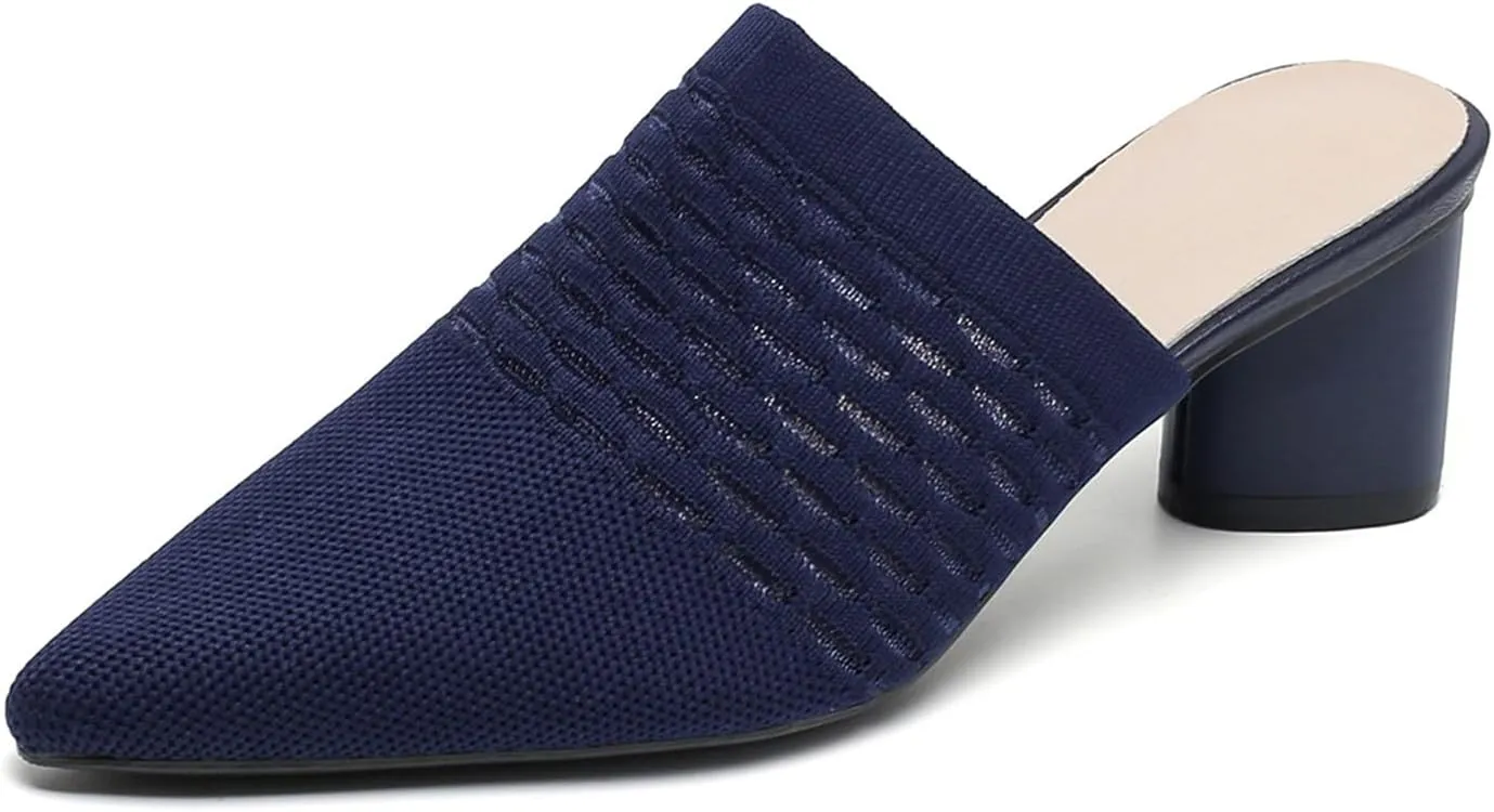 Zeberfi Women's Knit Closed Pointed Toe Low Chunky Heel Mules Fashion Mesh Breathable Slingback Slip-on Pumps Sandals Summer Comfortable Prom Party Dress Shoes