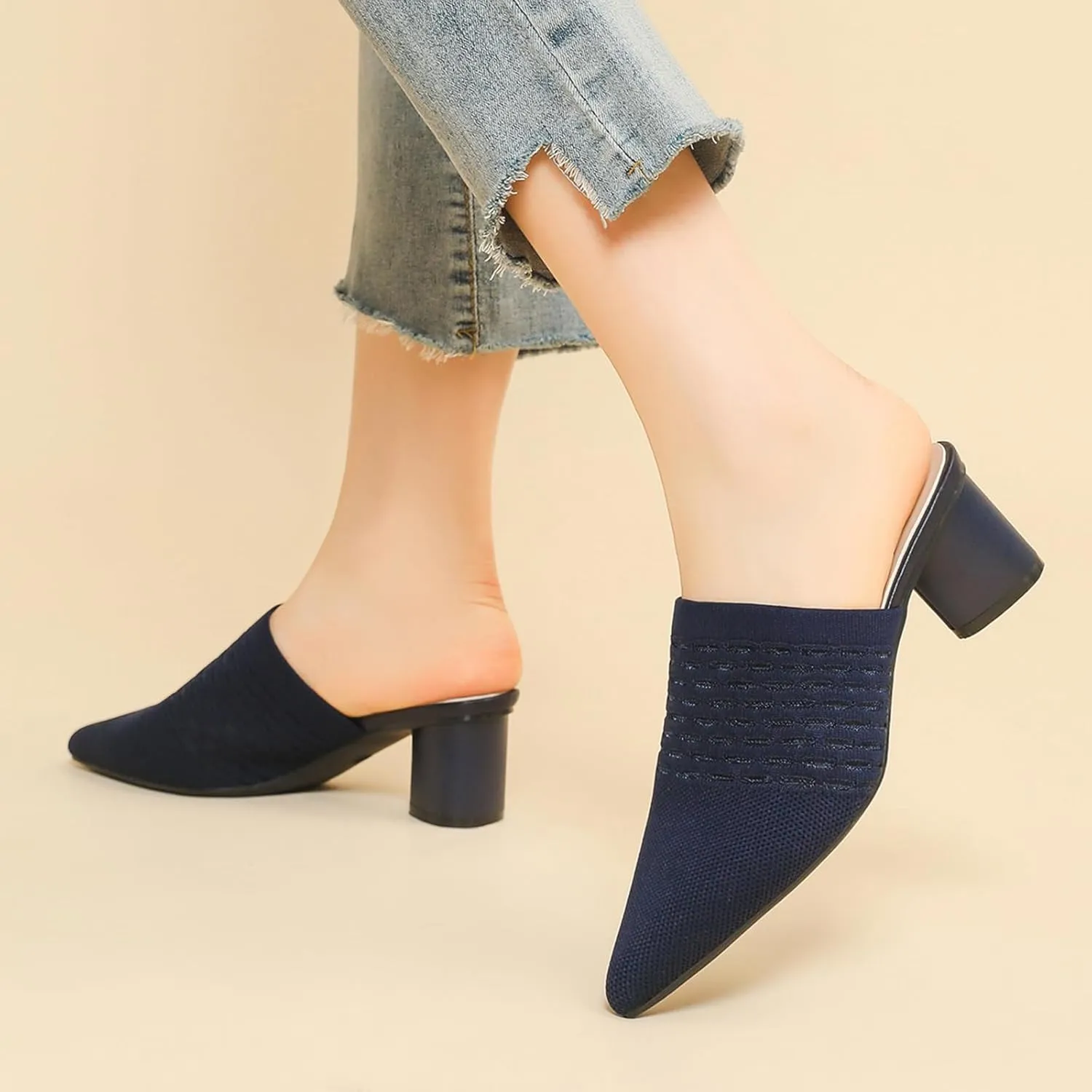 Zeberfi Women's Knit Closed Pointed Toe Low Chunky Heel Mules Fashion Mesh Breathable Slingback Slip-on Pumps Sandals Summer Comfortable Prom Party Dress Shoes