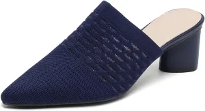 Zeberfi Women's Knit Closed Pointed Toe Low Chunky Heel Mules Fashion Mesh Breathable Slingback Slip-on Pumps Sandals Summer Comfortable Prom Party Dress Shoes