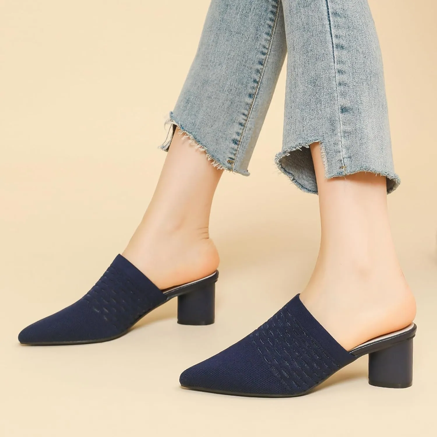 Zeberfi Women's Knit Closed Pointed Toe Low Chunky Heel Mules Fashion Mesh Breathable Slingback Slip-on Pumps Sandals Summer Comfortable Prom Party Dress Shoes