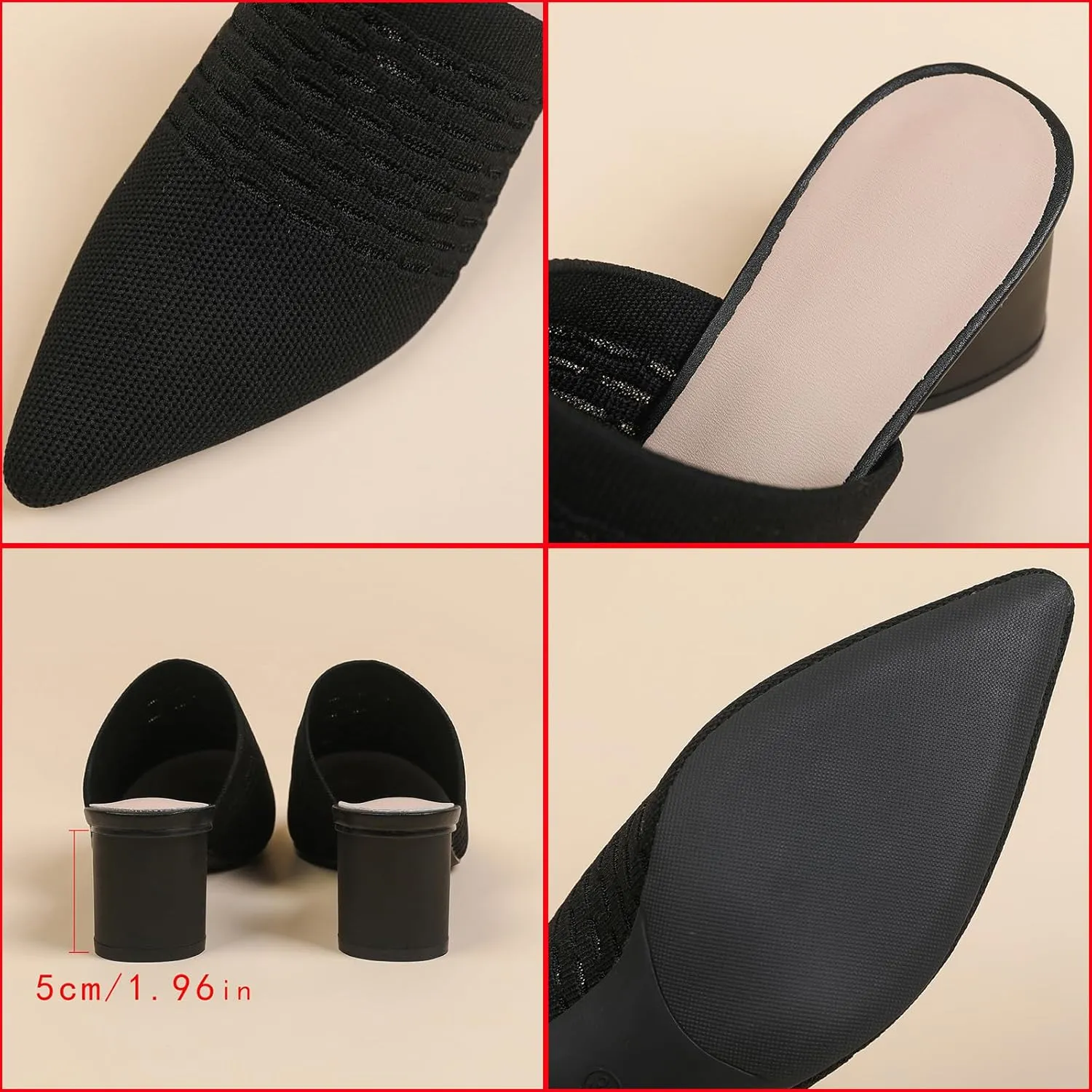 Zeberfi Women's Knit Closed Pointed Toe Low Chunky Heel Mules Fashion Mesh Breathable Slingback Slip-on Pumps Sandals Summer Comfortable Prom Party Dress Shoes