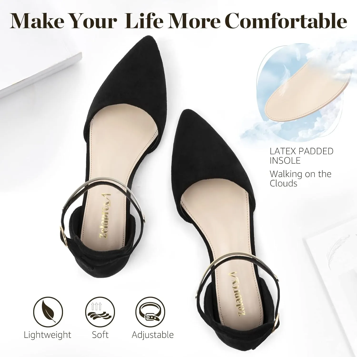 Zelaprox Women's Black Pointed Toe Flats Rhinestone Bow Ankle Strap Ballet Flats Comfortable Slip On Flats Light Weight Suede Dress Shoes