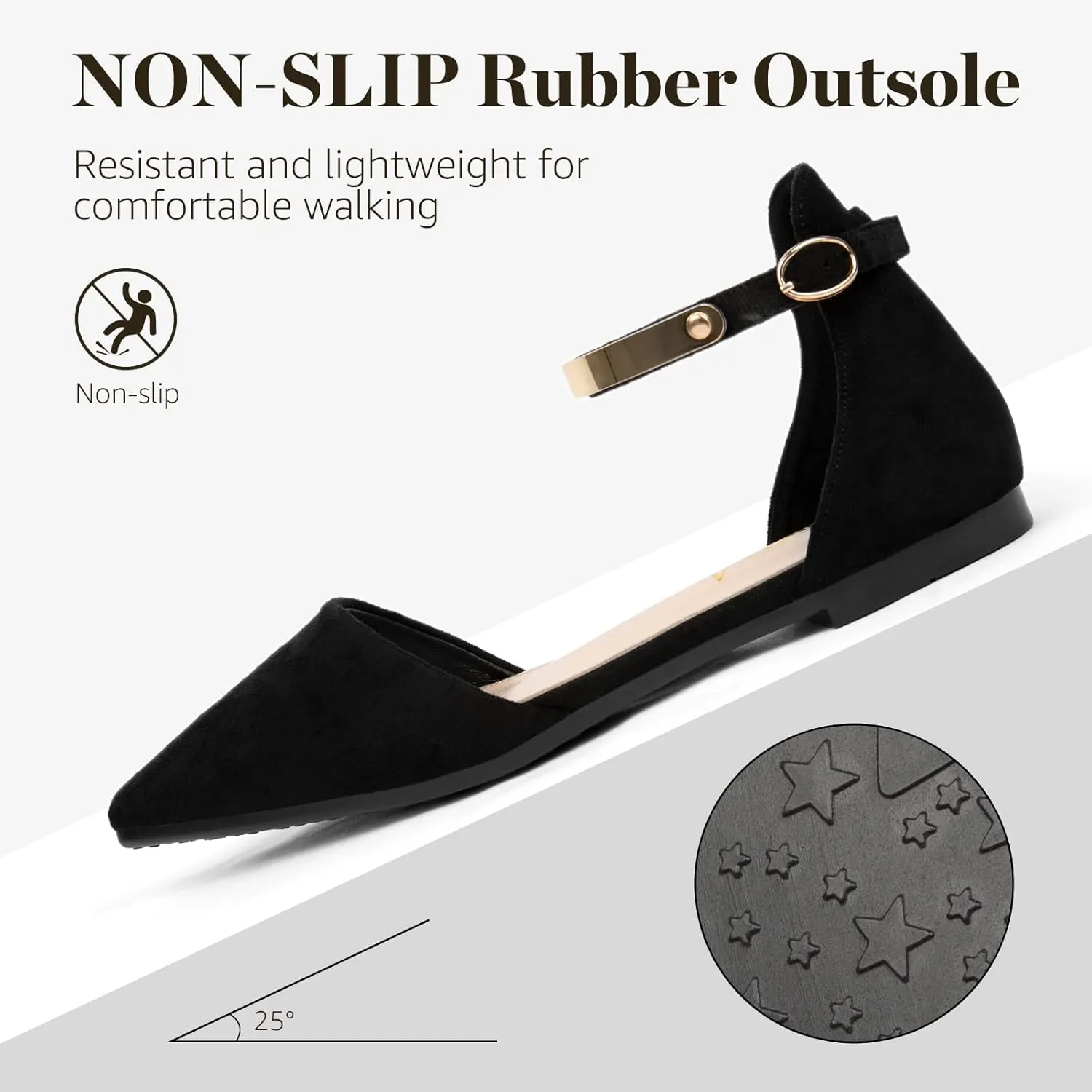 Zelaprox Women's Black Pointed Toe Flats Rhinestone Bow Ankle Strap Ballet Flats Comfortable Slip On Flats Light Weight Suede Dress Shoes