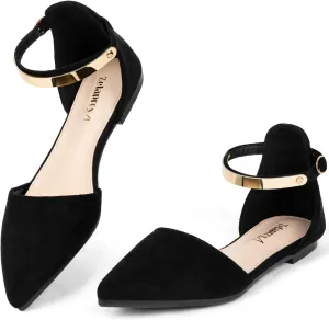 Zelaprox Women's Black Pointed Toe Flats Rhinestone Bow Ankle Strap Ballet Flats Comfortable Slip On Flats Light Weight Suede Dress Shoes