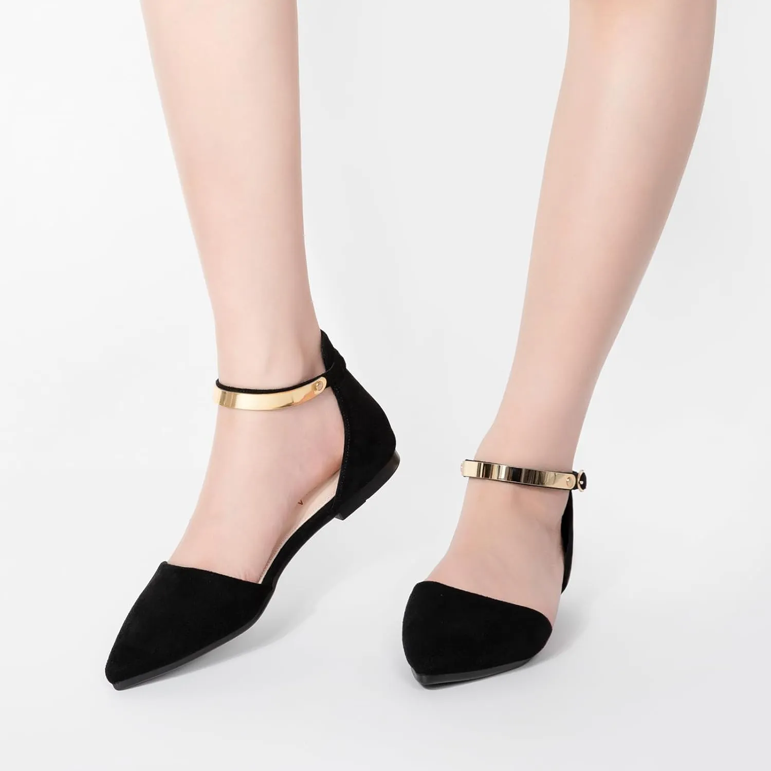 Zelaprox Women's Black Pointed Toe Flats Rhinestone Bow Ankle Strap Ballet Flats Comfortable Slip On Flats Light Weight Suede Dress Shoes