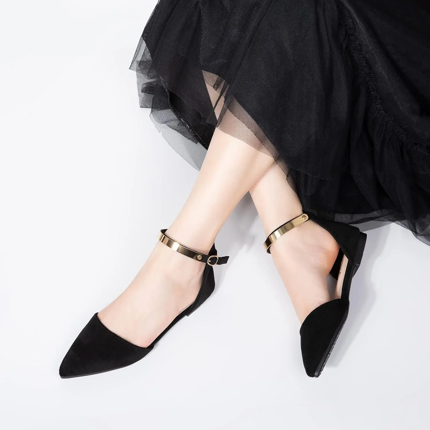 Zelaprox Women's Black Pointed Toe Flats Rhinestone Bow Ankle Strap Ballet Flats Comfortable Slip On Flats Light Weight Suede Dress Shoes