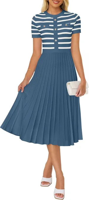 ZESICA Women's 2025 Casual Striped Midi Dress Crewneck Short Sleeve Button Ribbed Knit Swing Pleated A Line Dresses