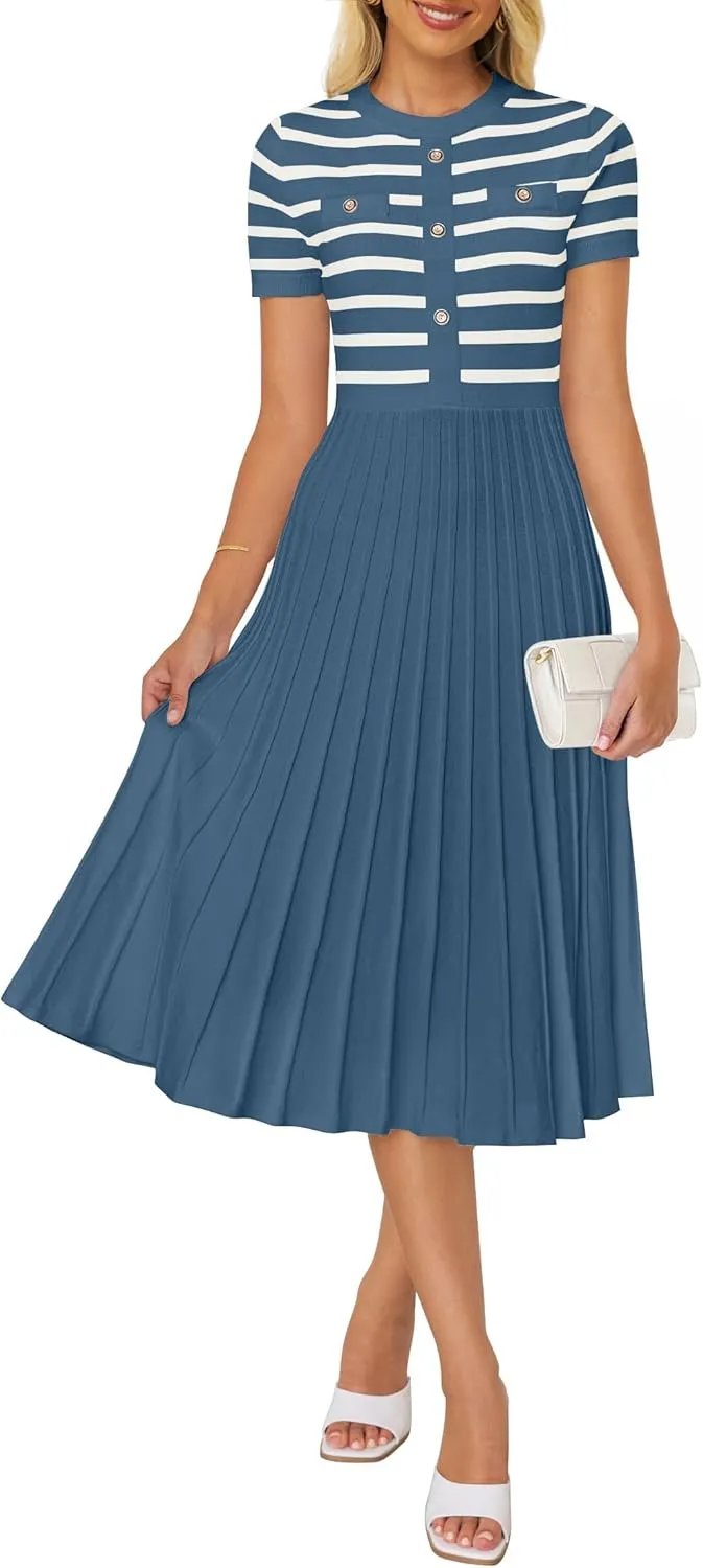 ZESICA Women's 2025 Casual Striped Midi Dress Crewneck Short Sleeve Button Ribbed Knit Swing Pleated A Line Dresses