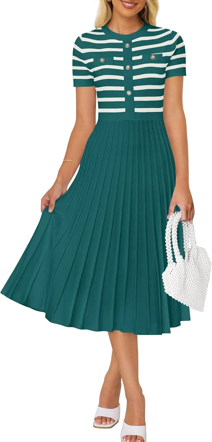 ZESICA Women's 2025 Casual Striped Midi Dress Crewneck Short Sleeve Button Ribbed Knit Swing Pleated A Line Dresses