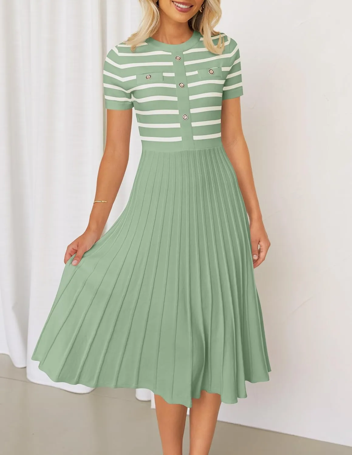 ZESICA Women's 2025 Casual Striped Midi Dress Crewneck Short Sleeve Button Ribbed Knit Swing Pleated A Line Dresses