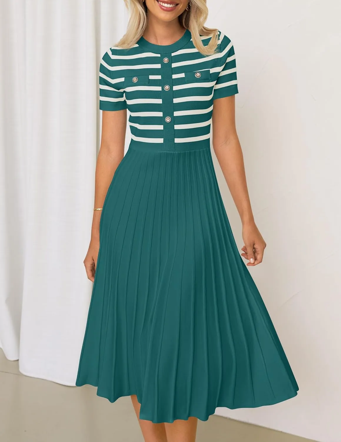 ZESICA Women's 2025 Casual Striped Midi Dress Crewneck Short Sleeve Button Ribbed Knit Swing Pleated A Line Dresses