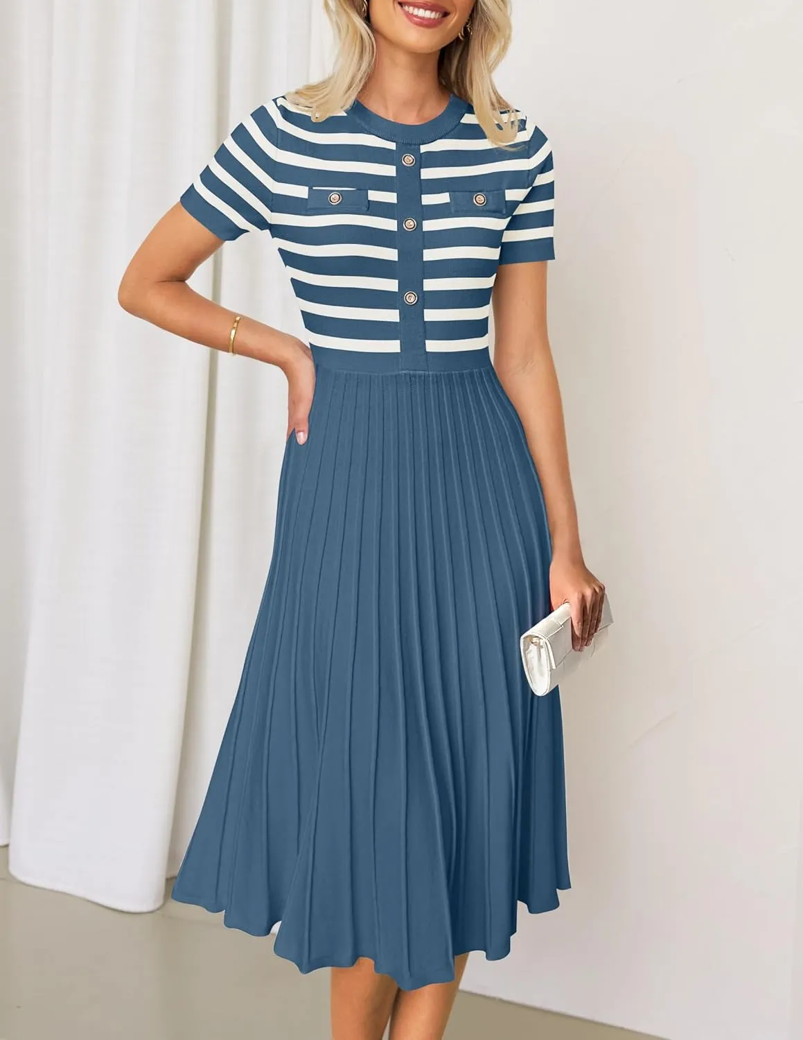 ZESICA Women's 2025 Casual Striped Midi Dress Crewneck Short Sleeve Button Ribbed Knit Swing Pleated A Line Dresses