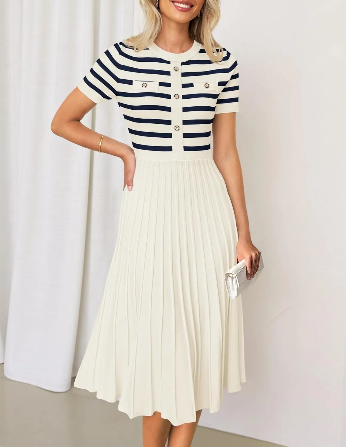 ZESICA Women's 2025 Casual Striped Midi Dress Crewneck Short Sleeve Button Ribbed Knit Swing Pleated A Line Dresses