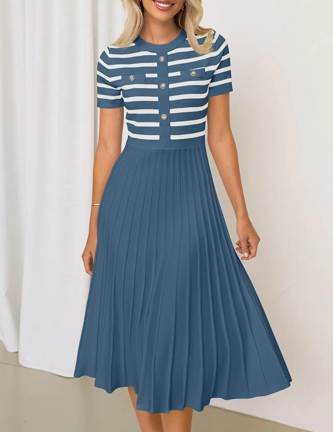 ZESICA Women's 2025 Casual Striped Midi Dress Crewneck Short Sleeve Button Ribbed Knit Swing Pleated A Line Dresses