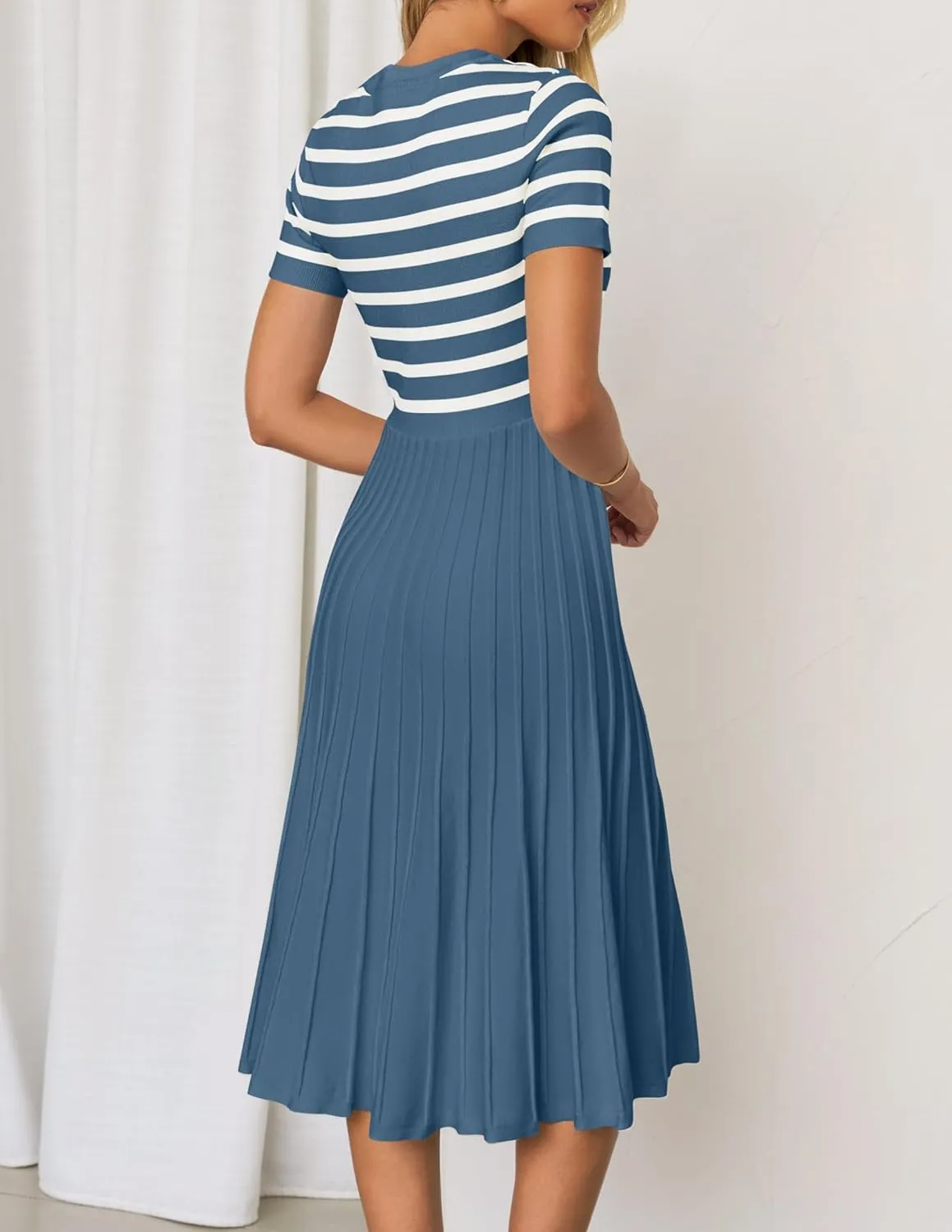 ZESICA Women's 2025 Casual Striped Midi Dress Crewneck Short Sleeve Button Ribbed Knit Swing Pleated A Line Dresses