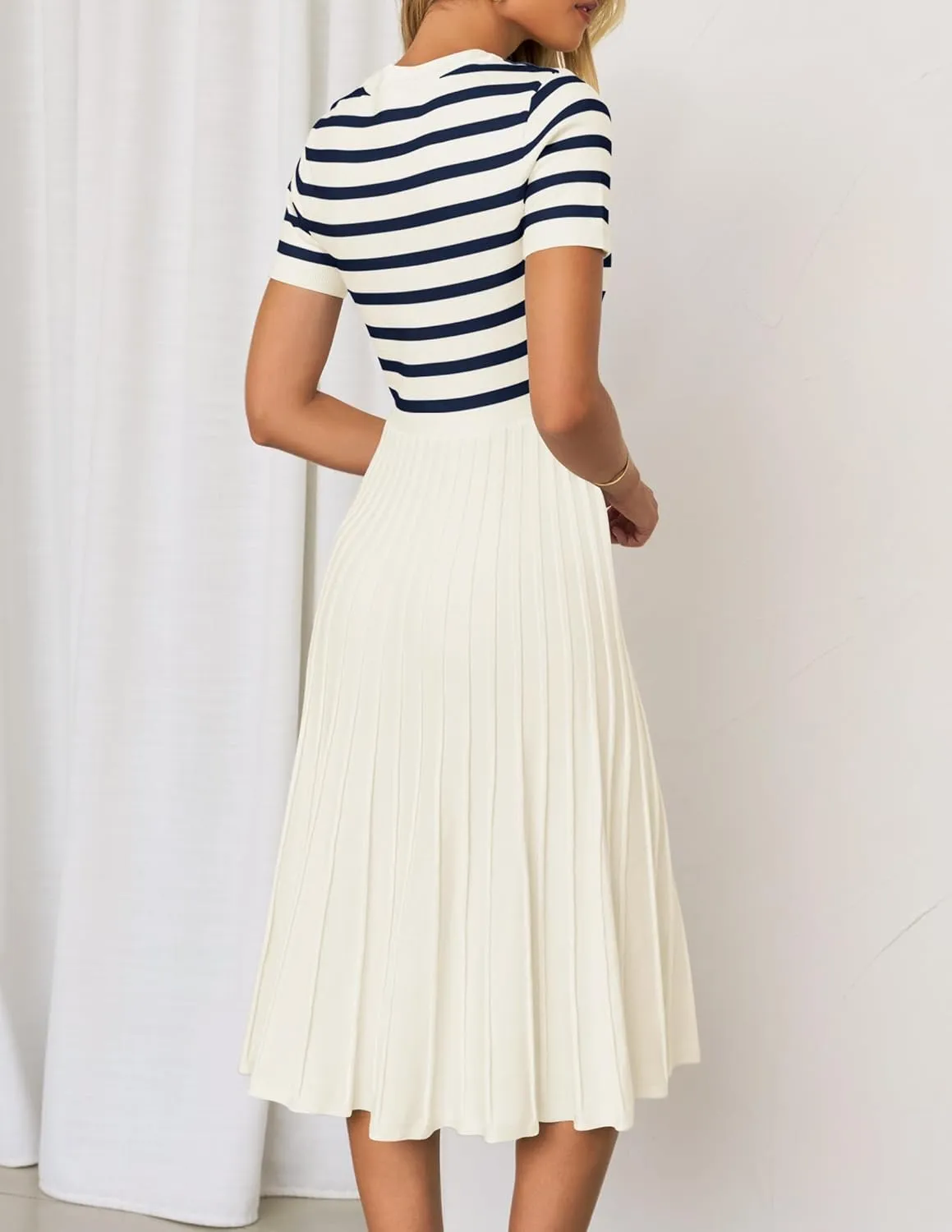 ZESICA Women's 2025 Casual Striped Midi Dress Crewneck Short Sleeve Button Ribbed Knit Swing Pleated A Line Dresses