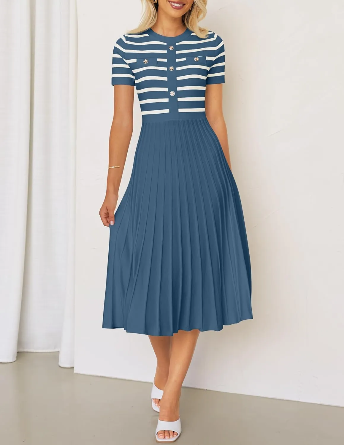 ZESICA Women's 2025 Casual Striped Midi Dress Crewneck Short Sleeve Button Ribbed Knit Swing Pleated A Line Dresses