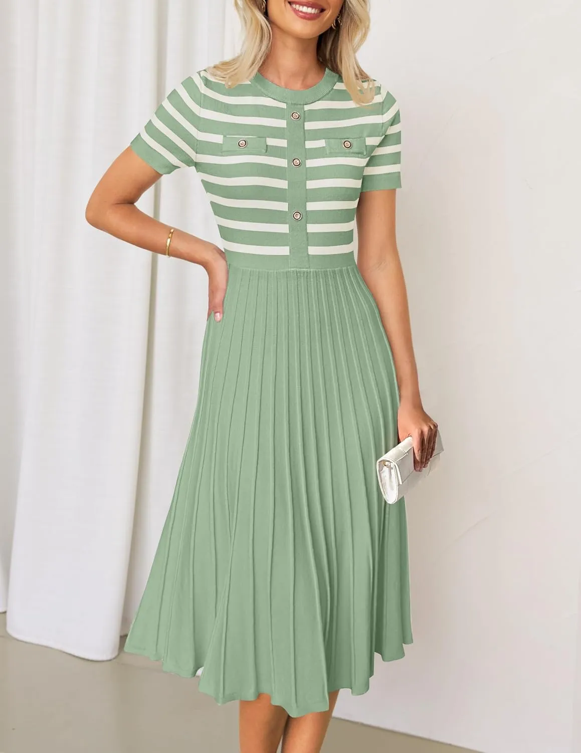 ZESICA Women's 2025 Casual Striped Midi Dress Crewneck Short Sleeve Button Ribbed Knit Swing Pleated A Line Dresses