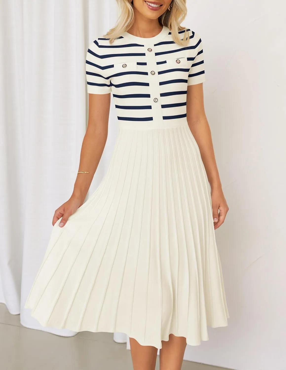 ZESICA Women's 2025 Casual Striped Midi Dress Crewneck Short Sleeve Button Ribbed Knit Swing Pleated A Line Dresses