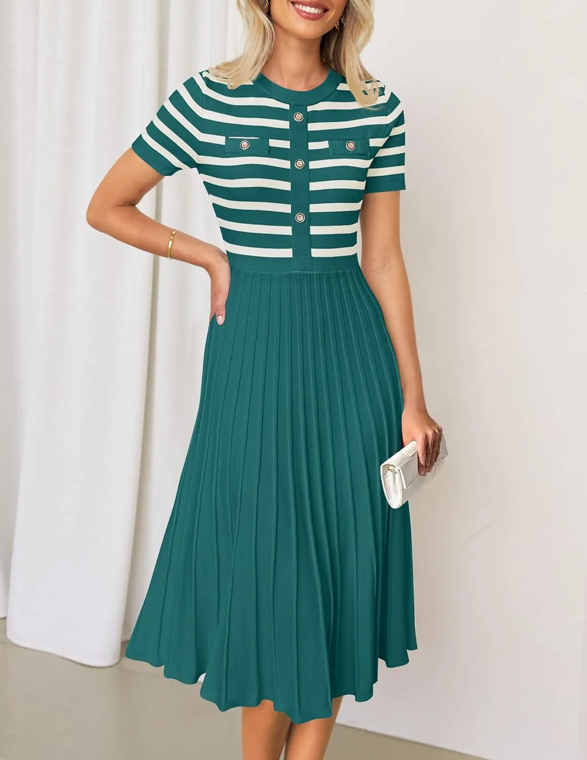 ZESICA Women's 2025 Casual Striped Midi Dress Crewneck Short Sleeve Button Ribbed Knit Swing Pleated A Line Dresses