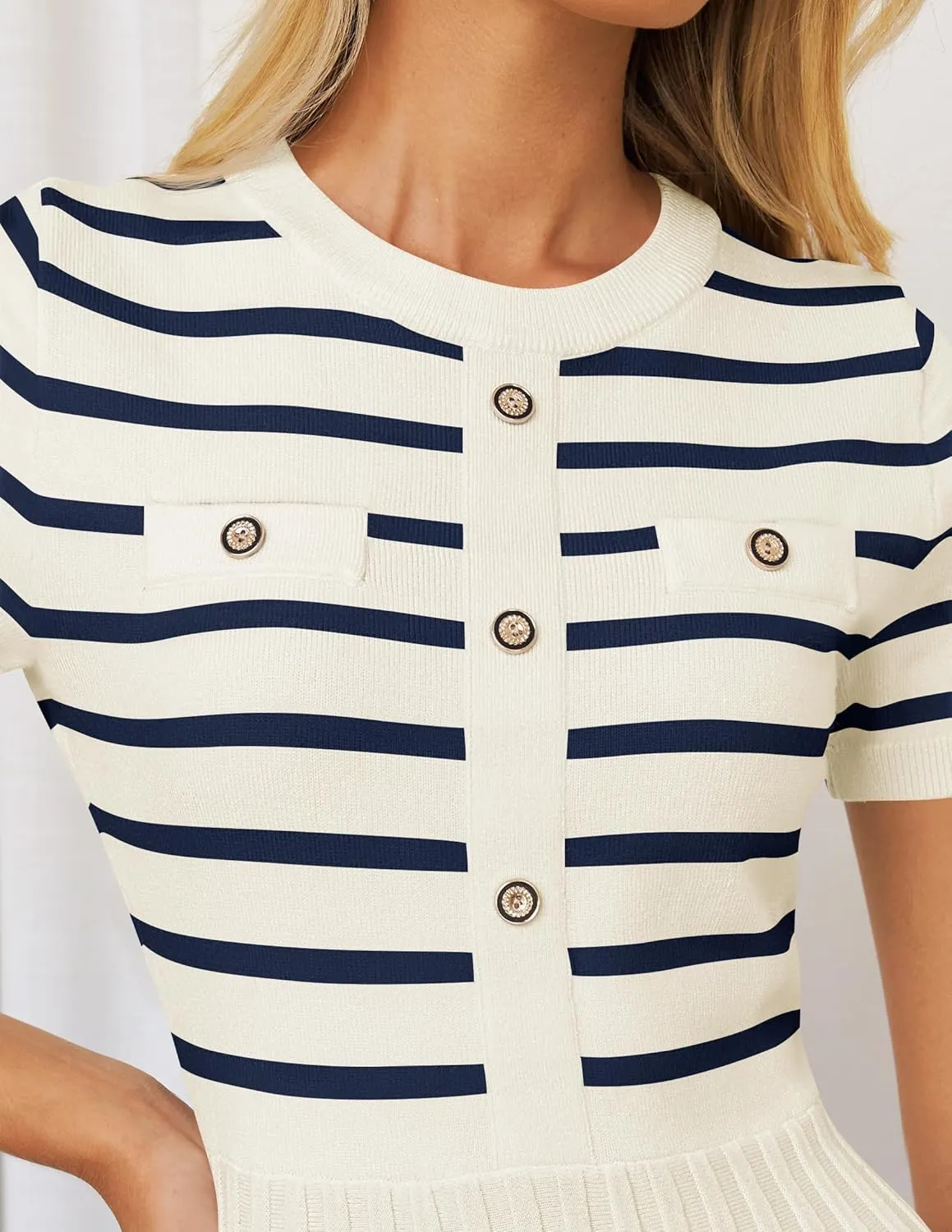 ZESICA Women's 2025 Casual Striped Midi Dress Crewneck Short Sleeve Button Ribbed Knit Swing Pleated A Line Dresses