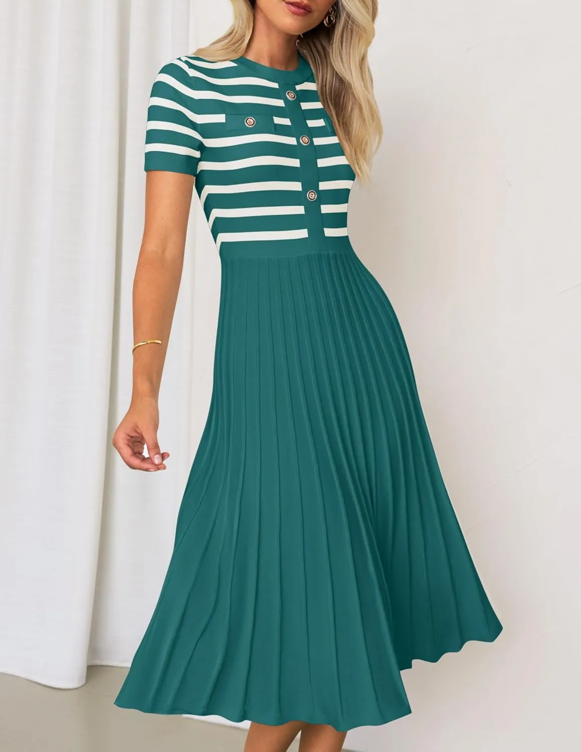 ZESICA Women's 2025 Casual Striped Midi Dress Crewneck Short Sleeve Button Ribbed Knit Swing Pleated A Line Dresses