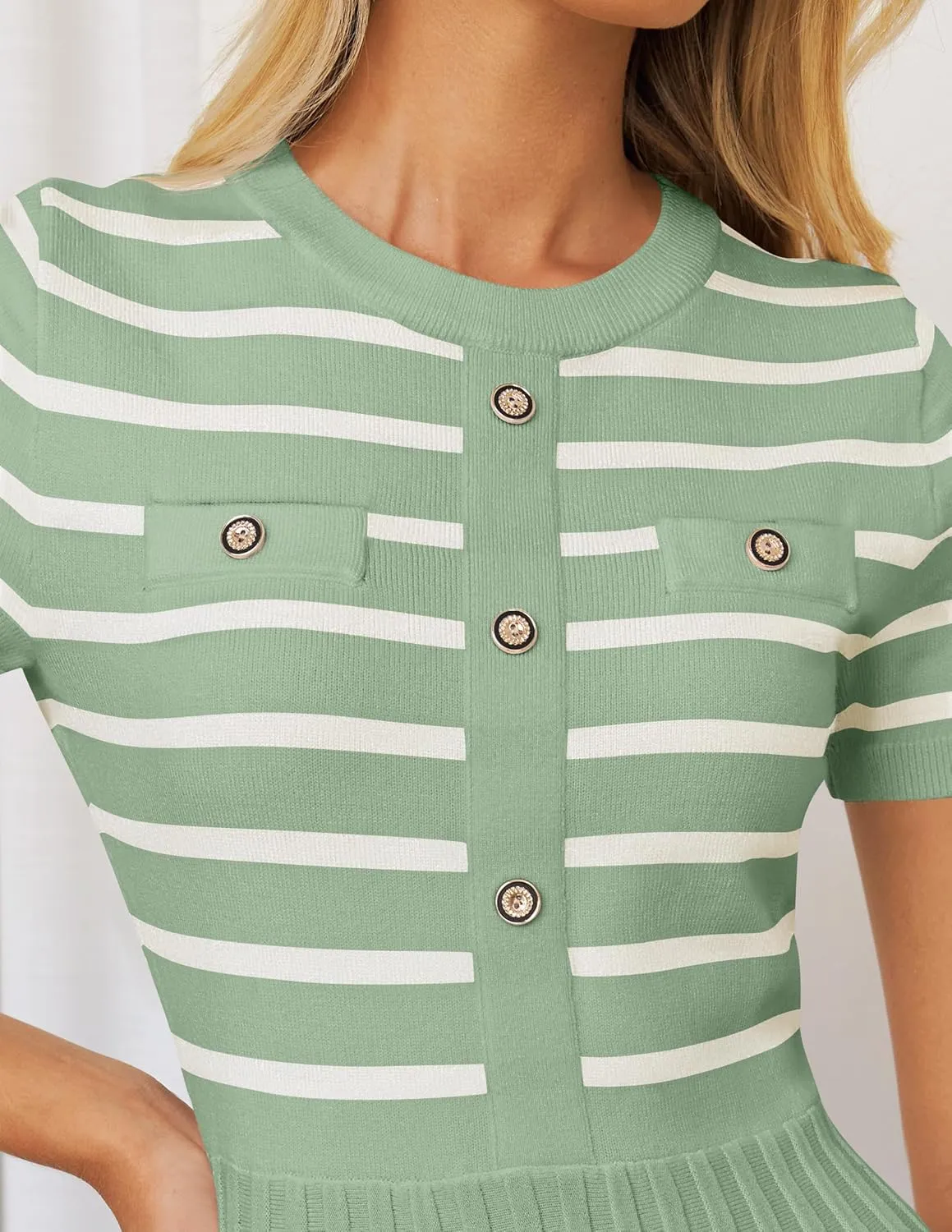 ZESICA Women's 2025 Casual Striped Midi Dress Crewneck Short Sleeve Button Ribbed Knit Swing Pleated A Line Dresses