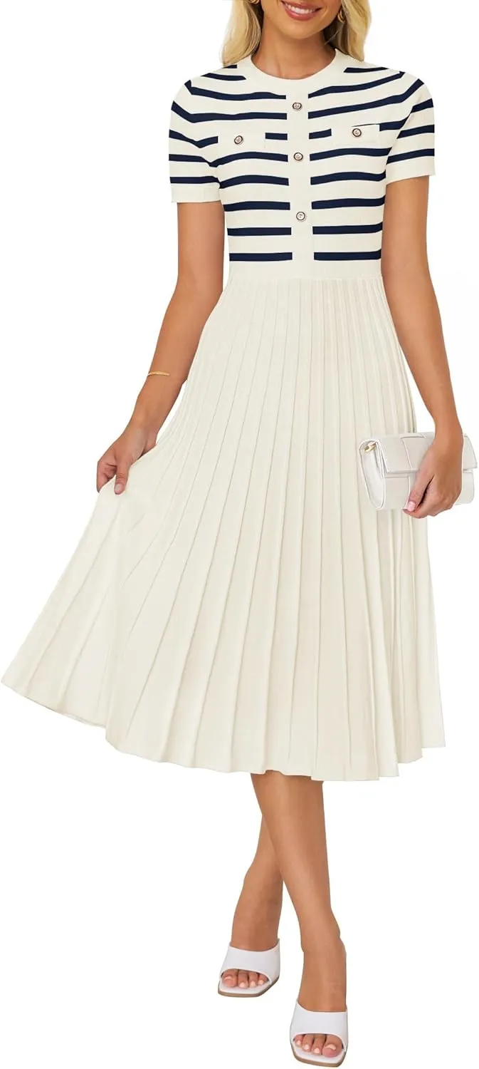 ZESICA Women's 2025 Casual Striped Midi Dress Crewneck Short Sleeve Button Ribbed Knit Swing Pleated A Line Dresses