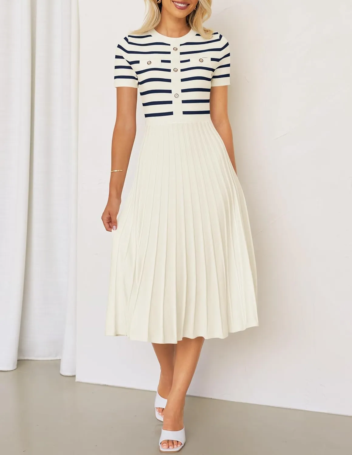 ZESICA Women's 2025 Casual Striped Midi Dress Crewneck Short Sleeve Button Ribbed Knit Swing Pleated A Line Dresses