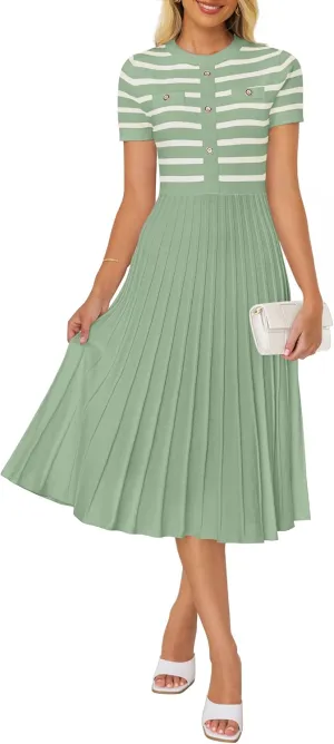 ZESICA Women's 2025 Casual Striped Midi Dress Crewneck Short Sleeve Button Ribbed Knit Swing Pleated A Line Dresses