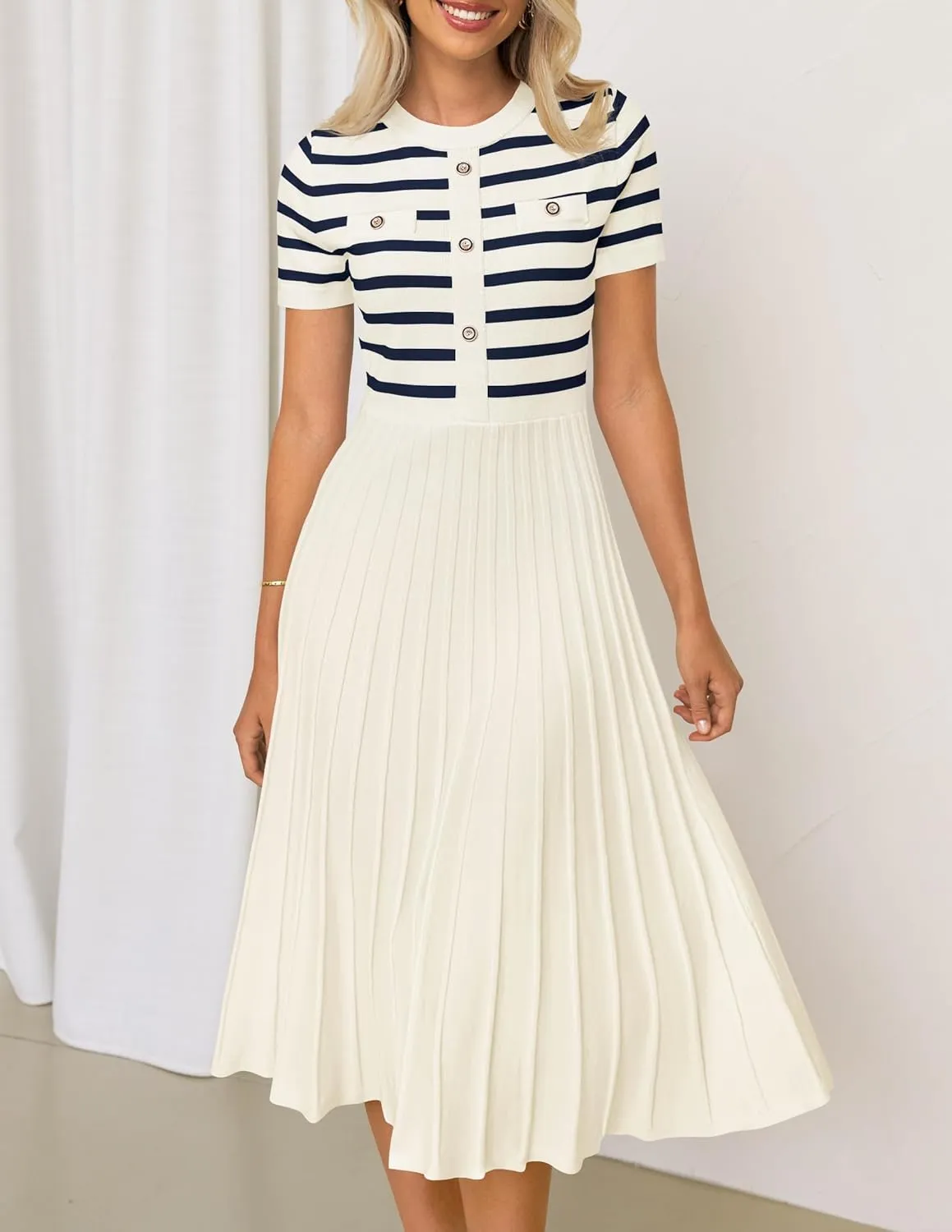 ZESICA Women's 2025 Casual Striped Midi Dress Crewneck Short Sleeve Button Ribbed Knit Swing Pleated A Line Dresses