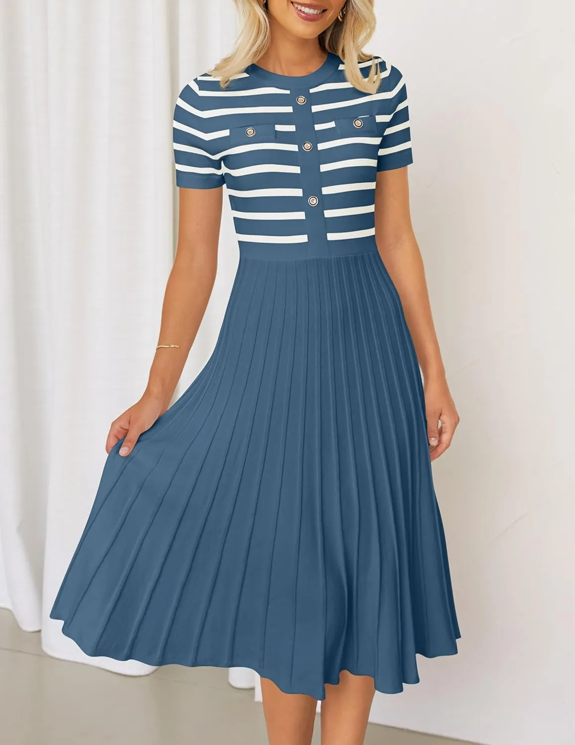 ZESICA Women's 2025 Casual Striped Midi Dress Crewneck Short Sleeve Button Ribbed Knit Swing Pleated A Line Dresses
