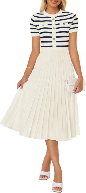 ZESICA Women's 2025 Casual Striped Midi Dress Crewneck Short Sleeve Button Ribbed Knit Swing Pleated A Line Dresses