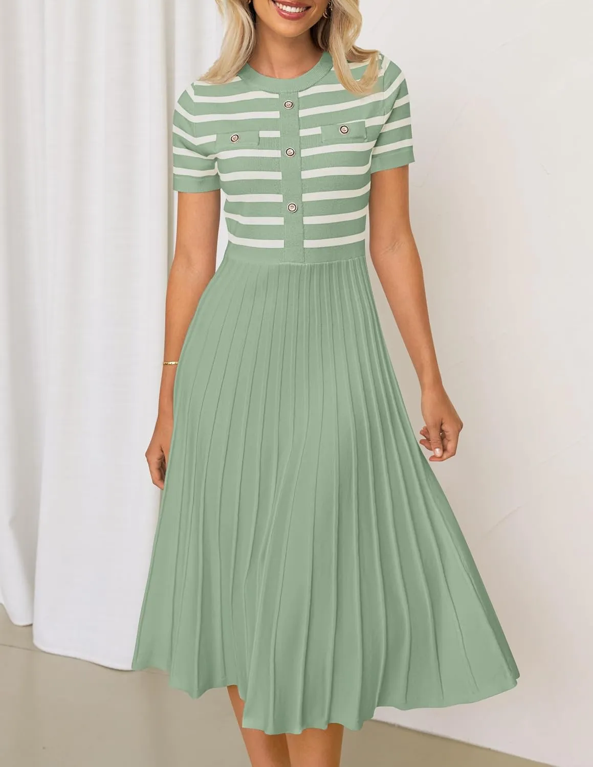 ZESICA Women's 2025 Casual Striped Midi Dress Crewneck Short Sleeve Button Ribbed Knit Swing Pleated A Line Dresses