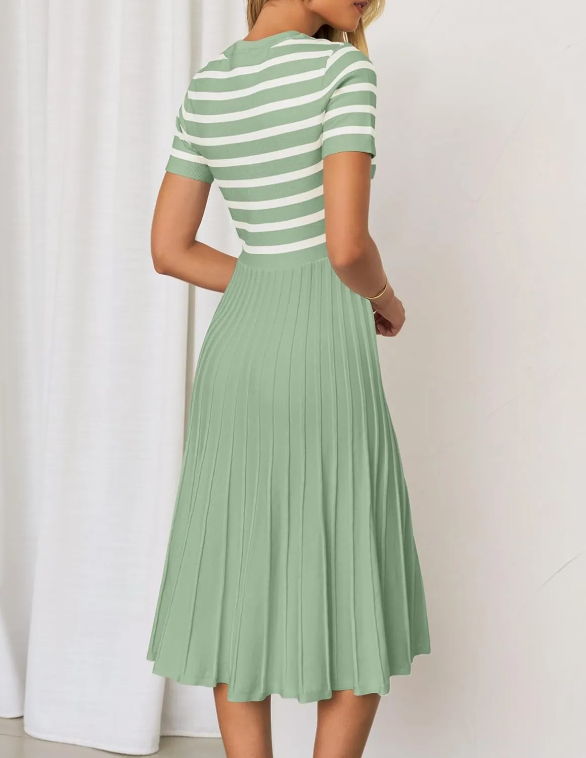 ZESICA Women's 2025 Casual Striped Midi Dress Crewneck Short Sleeve Button Ribbed Knit Swing Pleated A Line Dresses