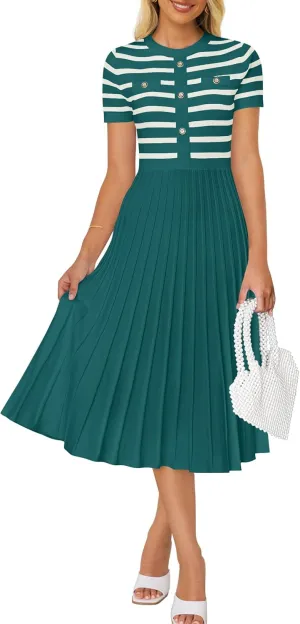 ZESICA Women's 2025 Casual Striped Midi Dress Crewneck Short Sleeve Button Ribbed Knit Swing Pleated A Line Dresses