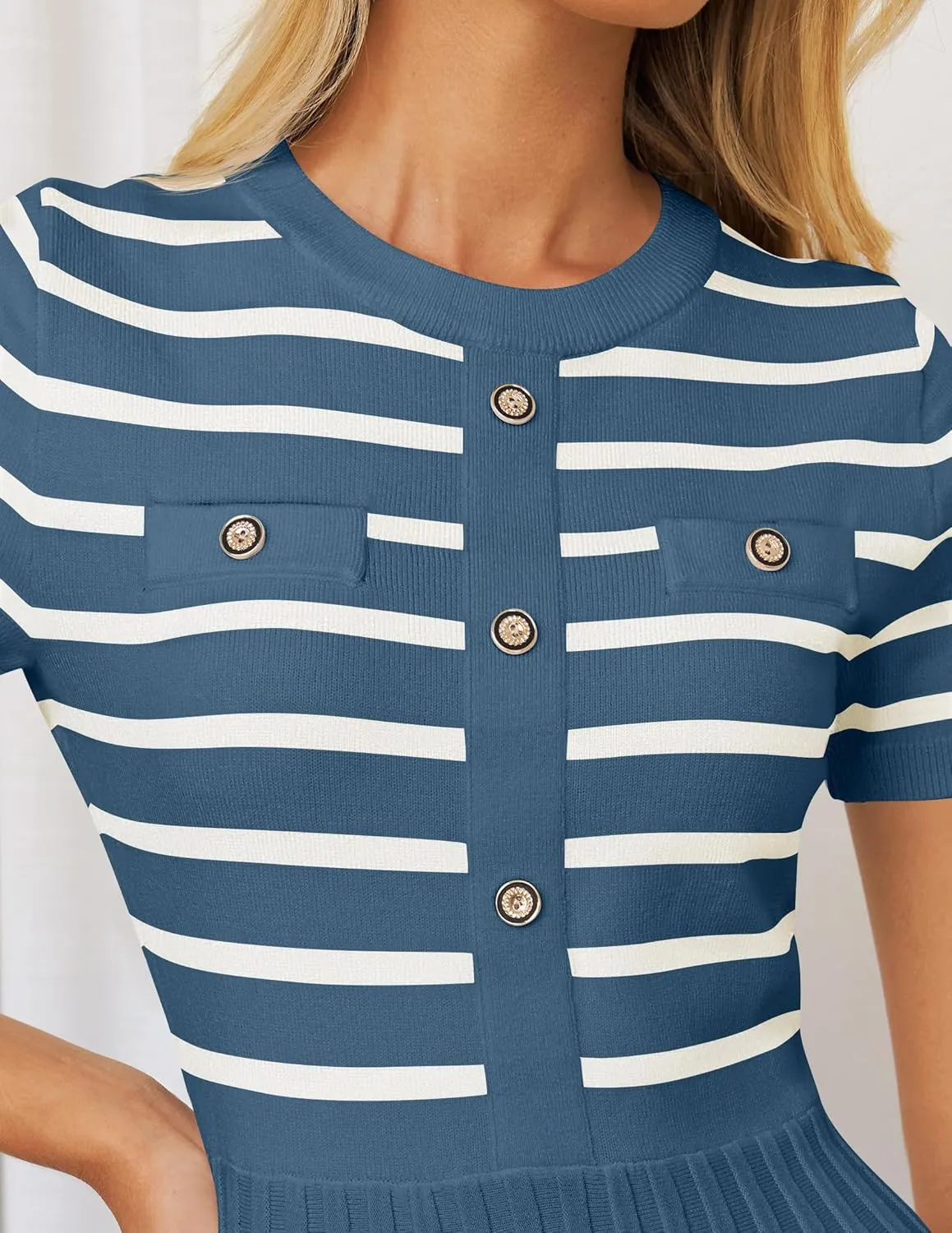 ZESICA Women's 2025 Casual Striped Midi Dress Crewneck Short Sleeve Button Ribbed Knit Swing Pleated A Line Dresses