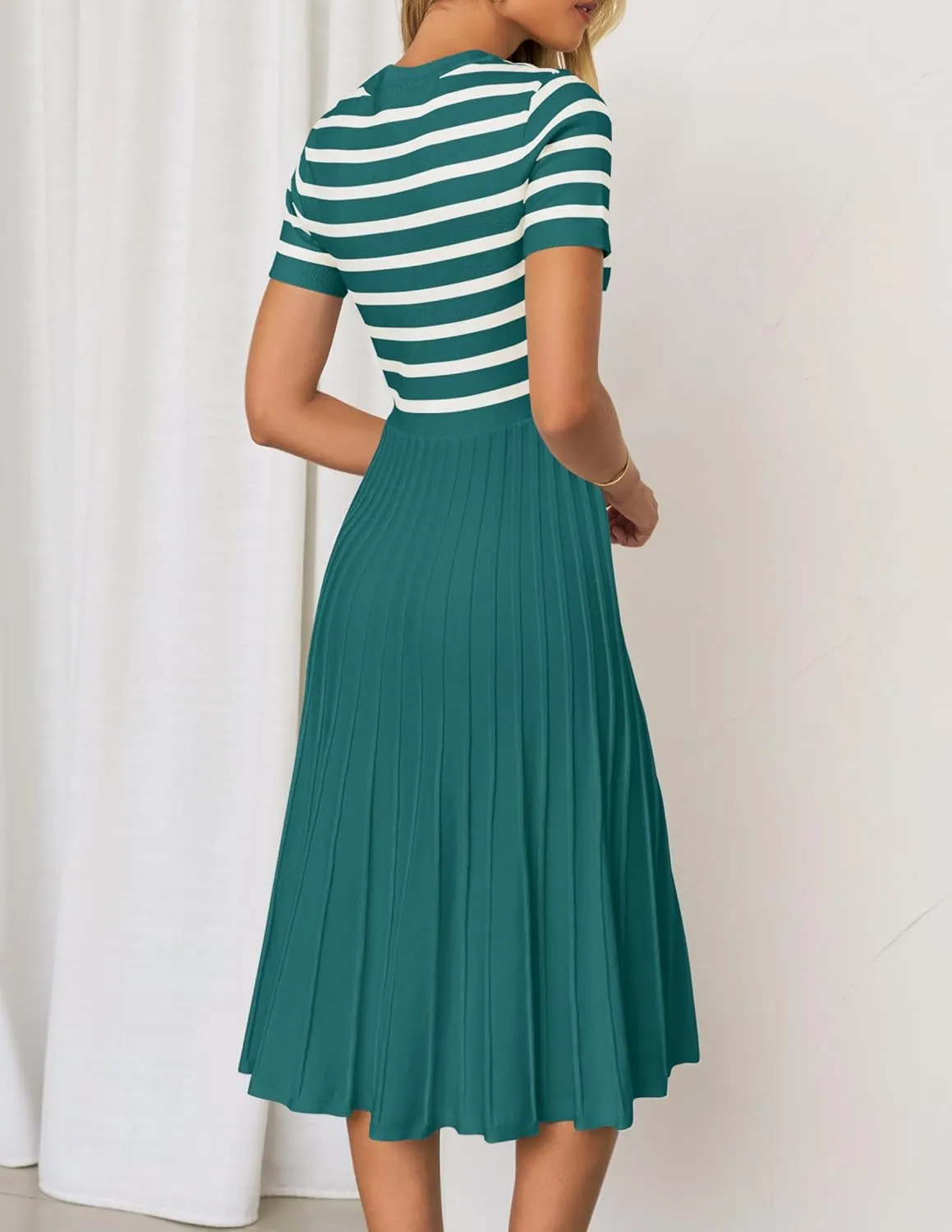 ZESICA Women's 2025 Casual Striped Midi Dress Crewneck Short Sleeve Button Ribbed Knit Swing Pleated A Line Dresses