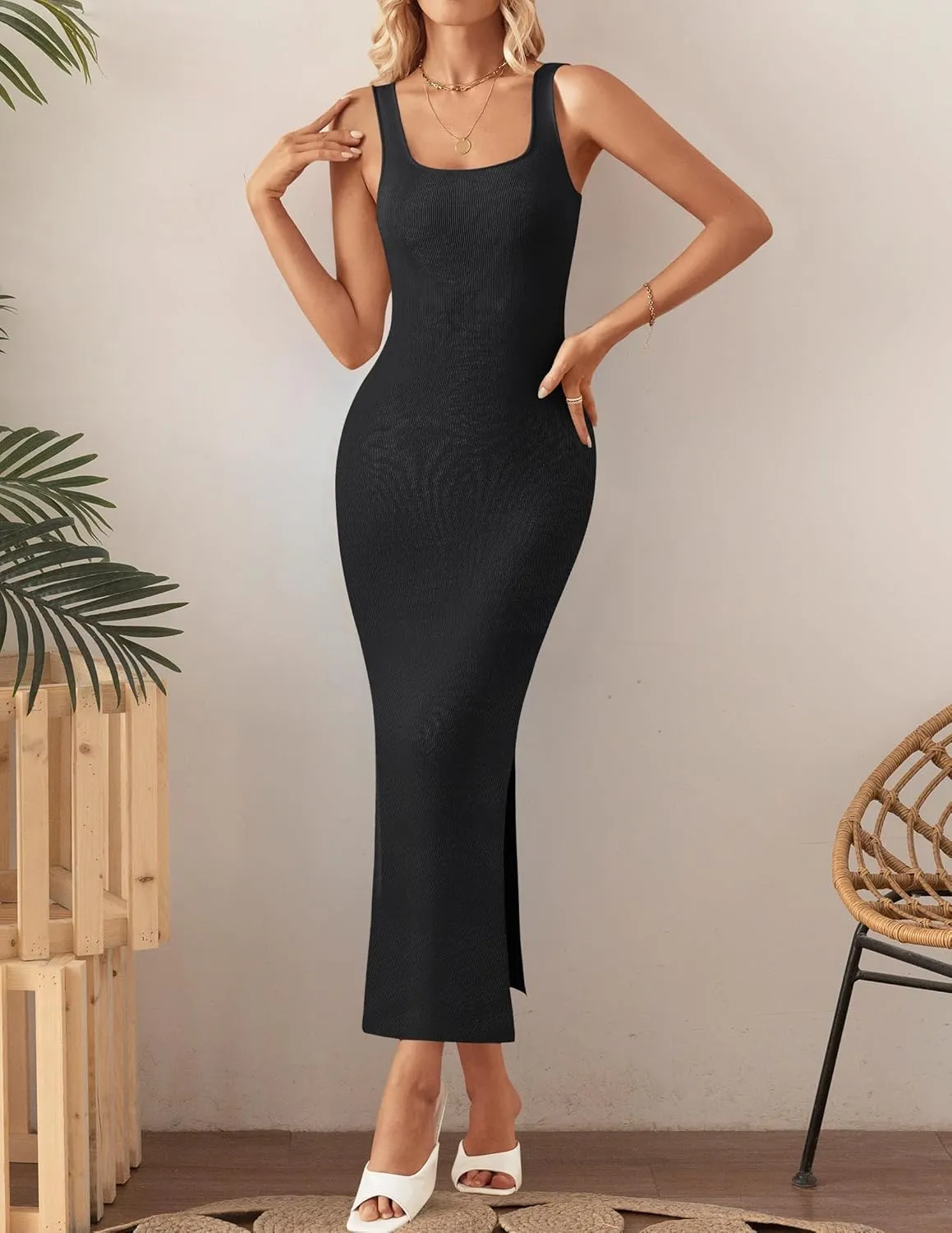 ZESICA Womens 2025 Summer Casual Square Neck Bodycon Midi Dresses Spring Sleeveless Side Slit Knit Beach Vacation Long Dress