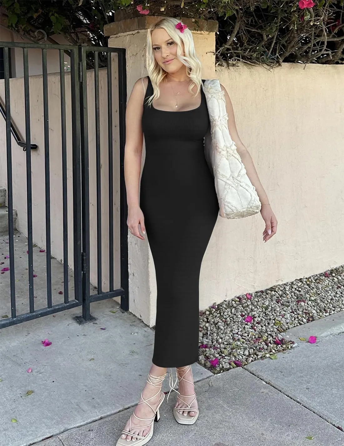 ZESICA Womens 2025 Summer Casual Square Neck Bodycon Midi Dresses Spring Sleeveless Side Slit Knit Beach Vacation Long Dress