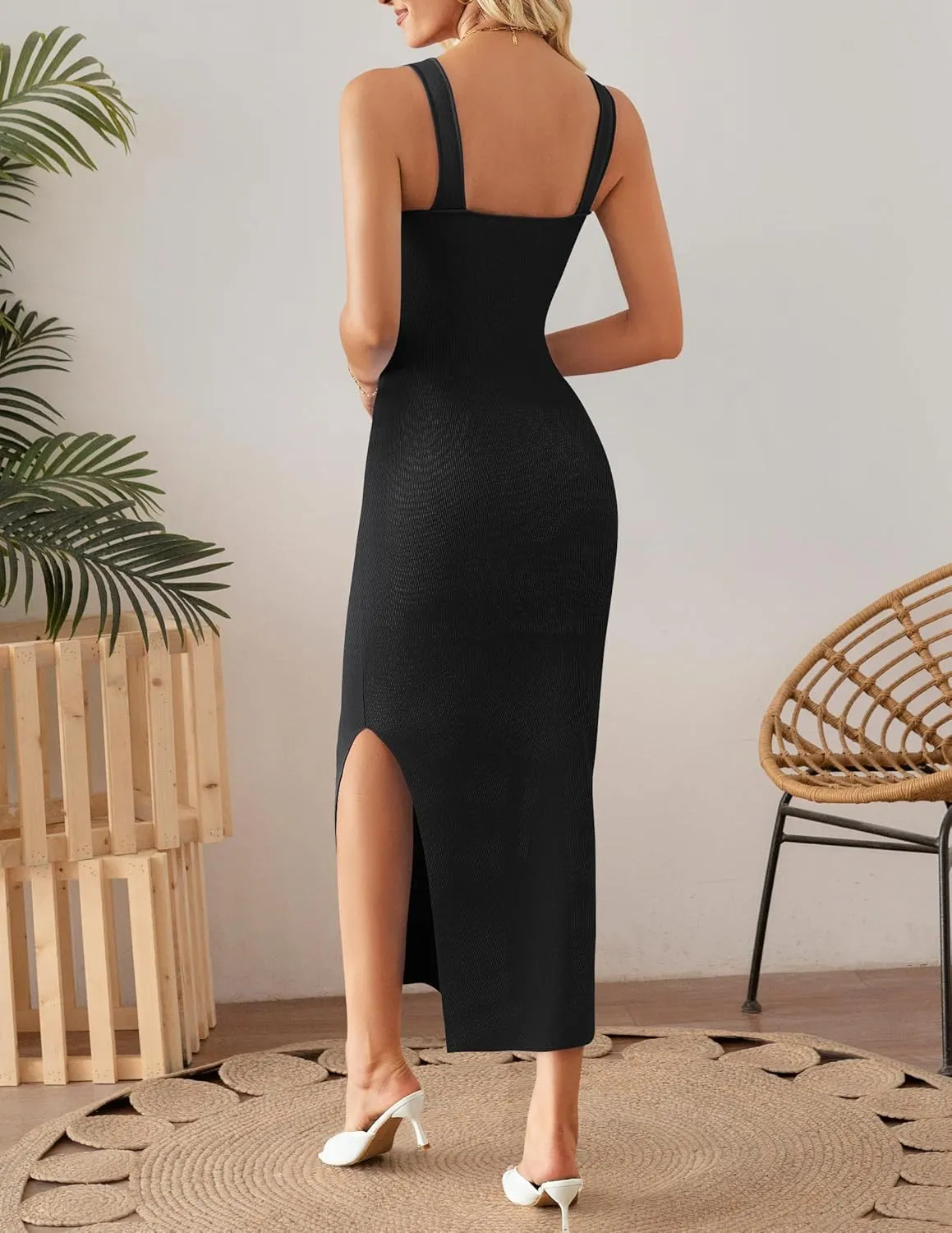 ZESICA Womens 2025 Summer Casual Square Neck Bodycon Midi Dresses Spring Sleeveless Side Slit Knit Beach Vacation Long Dress