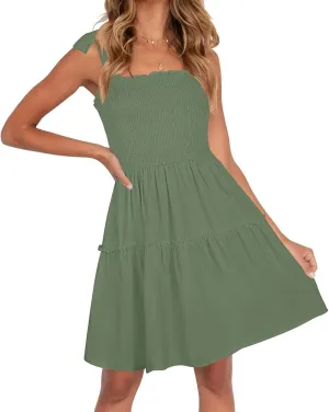 ZESICA Women's 2025 Summer Spaghetti Strap Sleeveless Square Neck Ruffle A Line Swing Mini Dress