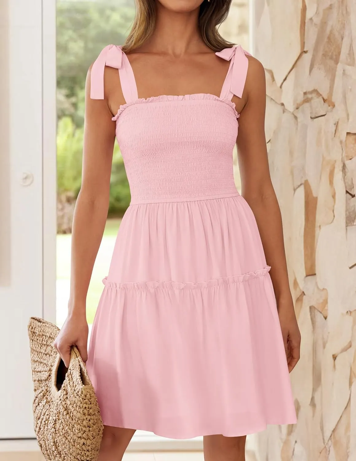 ZESICA Women's 2025 Summer Spaghetti Strap Sleeveless Square Neck Ruffle A Line Swing Mini Dress