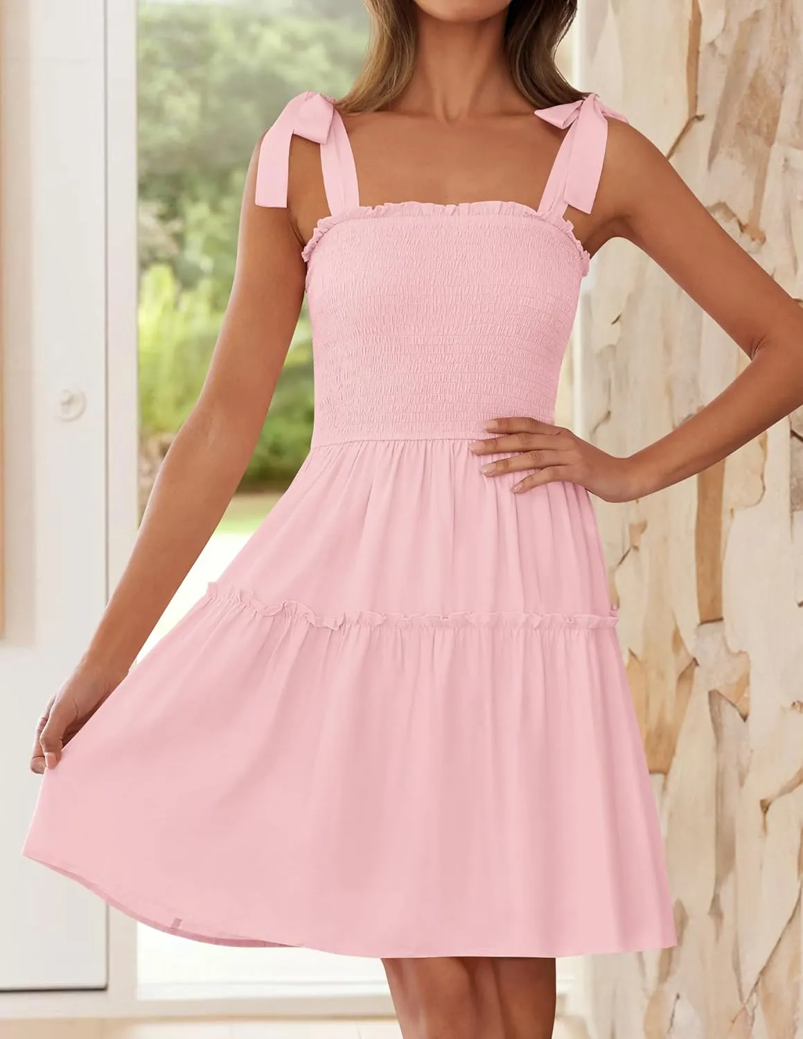 ZESICA Women's 2025 Summer Spaghetti Strap Sleeveless Square Neck Ruffle A Line Swing Mini Dress